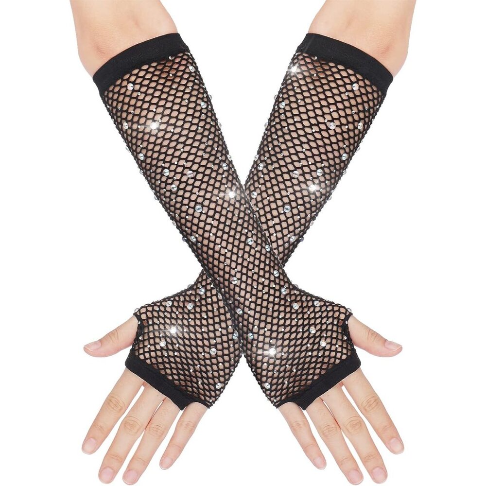 Women's Black Punk Fish Net Arm Long Sleeve Rhinestone Gloves Costume Halloween